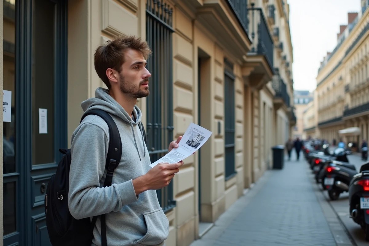 Jeune étudiant devant un immeuble haussmannien parisien consultant une annonce de location