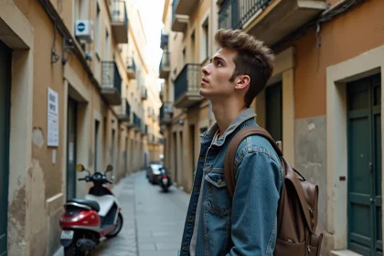 Étudiant devant un immeuble ancien du 3ème arrondissement de Marseille consultant une annonce de location