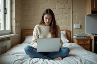 Étudiante cherchant un logement étudiant à Paris sur son ordinateur dans un petit studio parisien