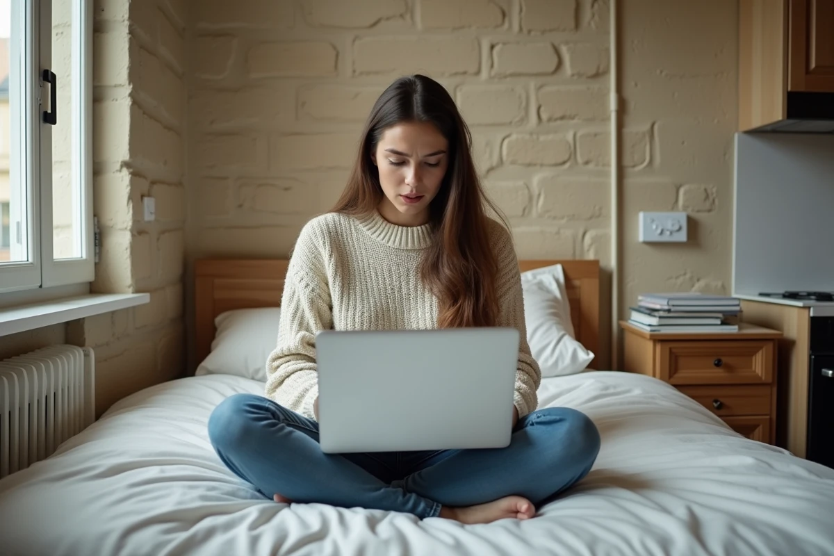 Étudiante cherchant un logement étudiant à Paris sur son ordinateur dans un petit studio parisien