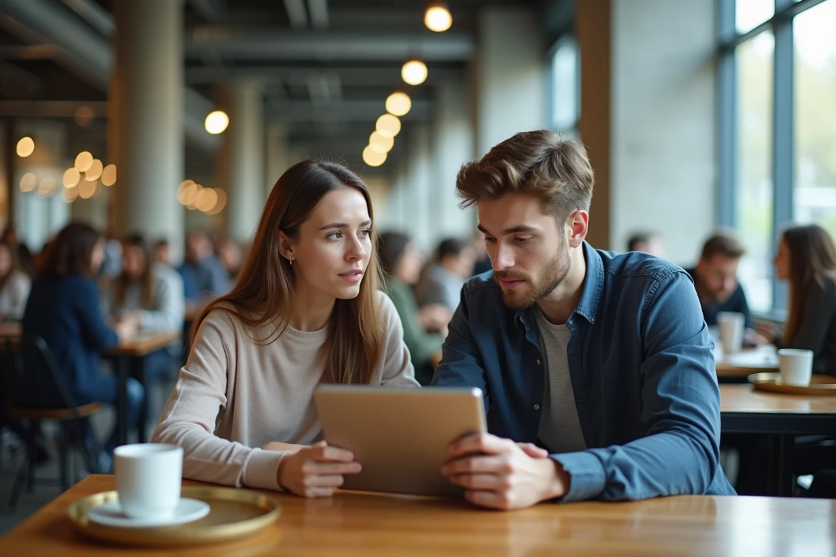 Deux étudiants comparant des offres de logement étudiant sur une tablette dans une cafétéria universitaire
