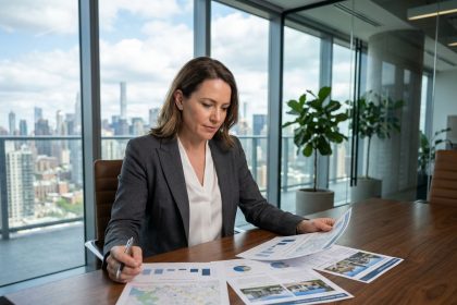Femme d'affaires analysant une évaluation immobilière professionnelle dans un bureau moderne avec vue sur la ville