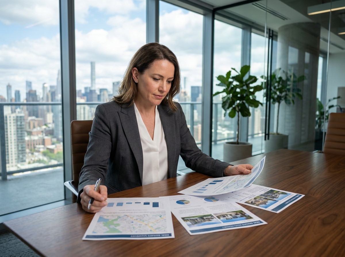 Femme d'affaires analysant une évaluation immobilière professionnelle dans un bureau moderne avec vue sur la ville
