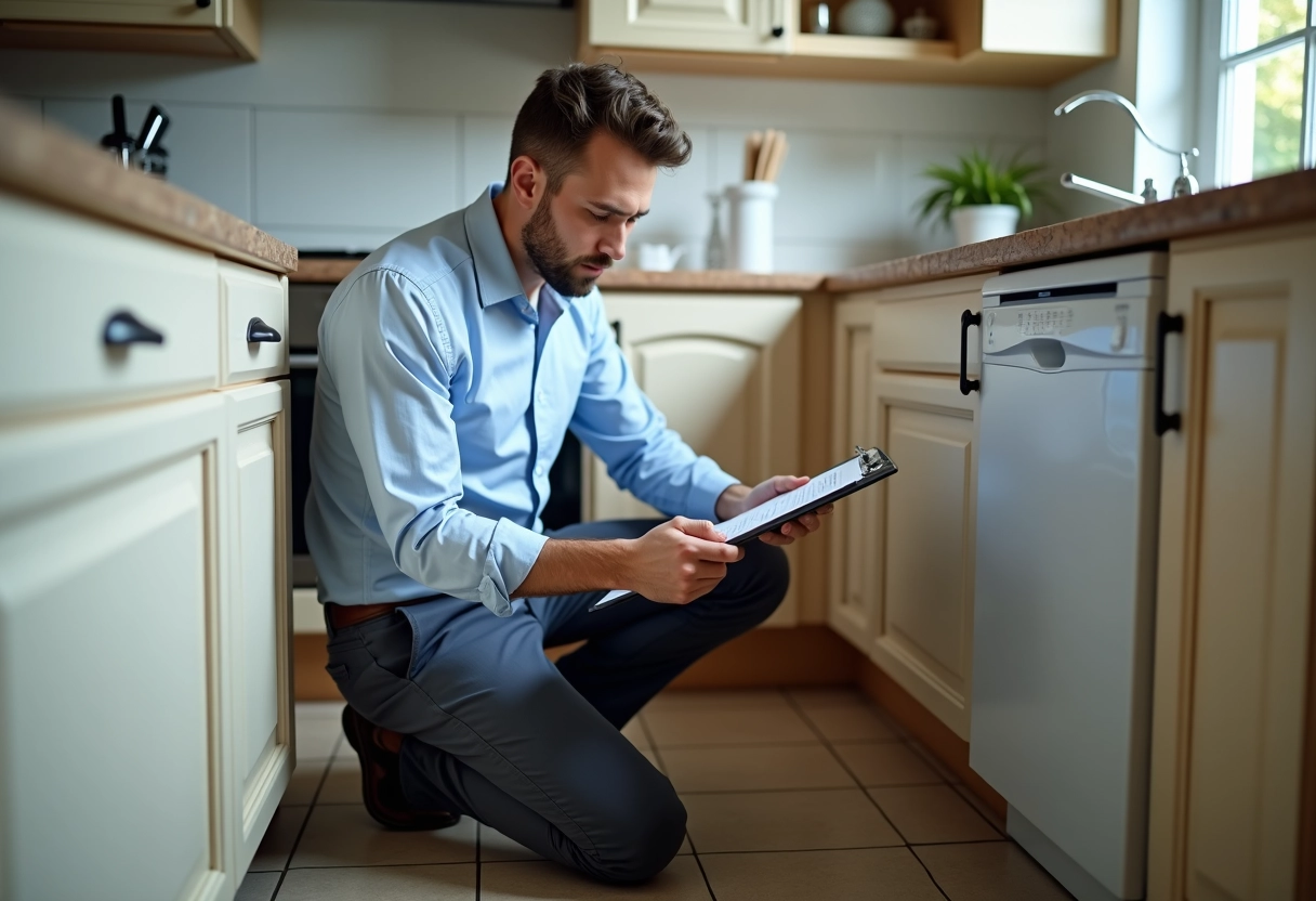 Expert inspectant un meuble de cuisine endommagé par l