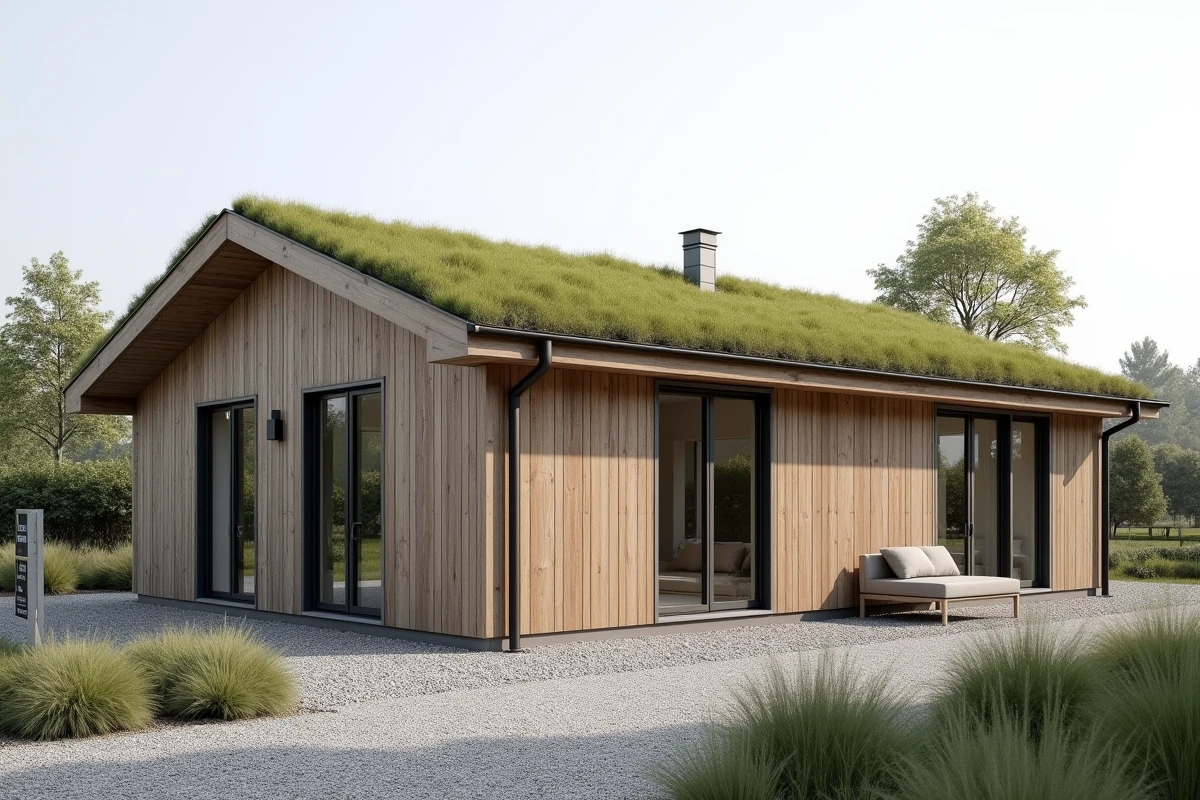 Maison à ossature bois contemporaine avec bardage bois naturel et toit végétal, panneau d'estimation immobilière visible