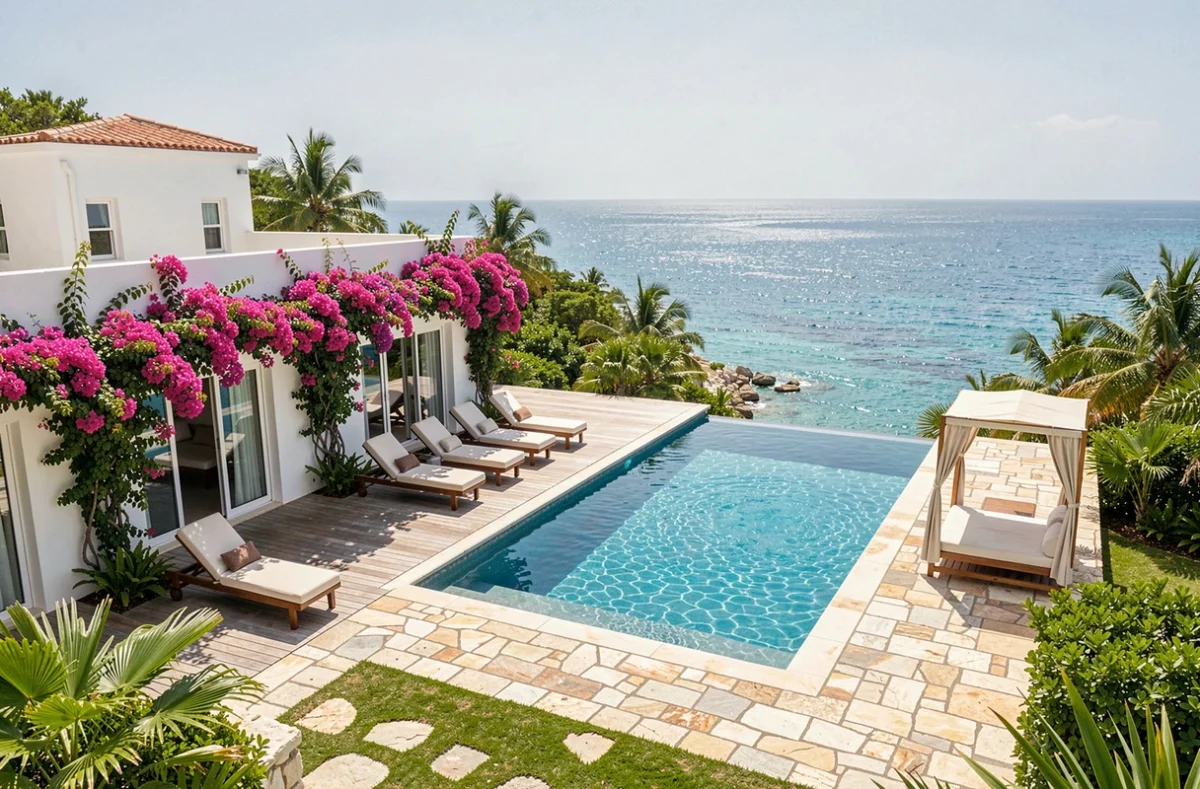 Façade extérieure d'une villa de luxe à Saint-Barthélemy avec piscine à débordement, terrasse en bois et vue sur une crique des Caraïbes
