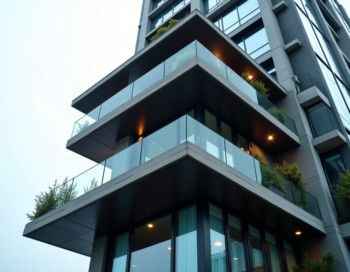 Façade extérieure d'un immeuble moderne avec penthouse au sommet, terrasse panoramique et piscine privée visible