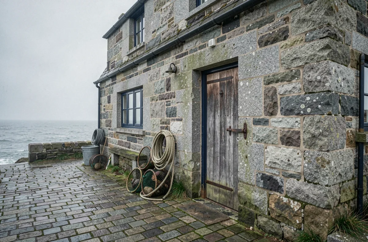 Façade authentique d'une maison de pêcheur bretonne en granite avec casiers à homard et porte en bois peinte en bleu marine