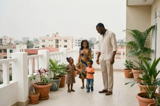 Famille sénégalaise avec enfants sur la terrasse d'un appartement moderne à Dakar