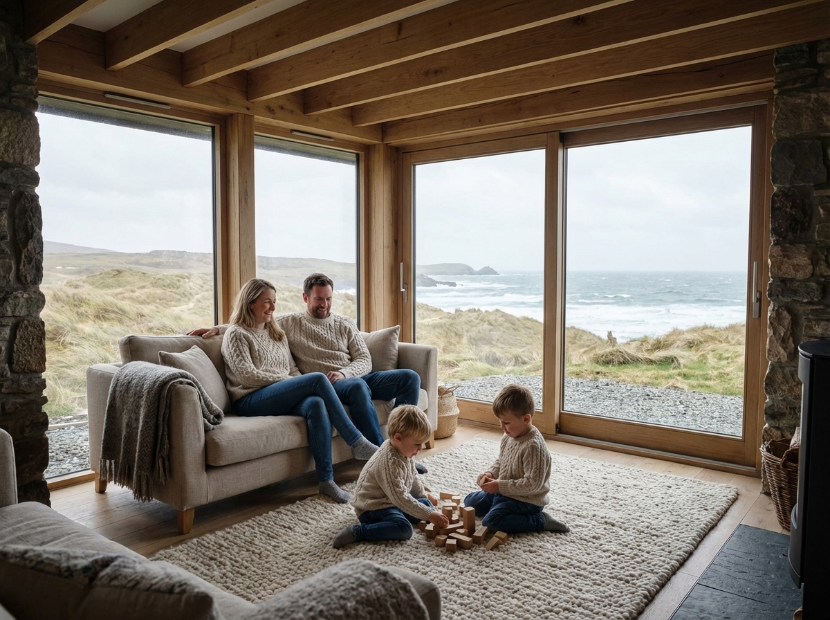 Famille dans salon moderne avec vue sur la nature bretonne
