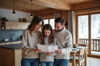 Famille souriante dans un appartement alpin enneige