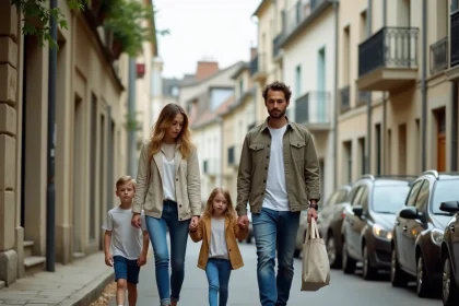 Famille se promenant dans un quartier résidentiel de Bourges, évaluant l'environnement urbain