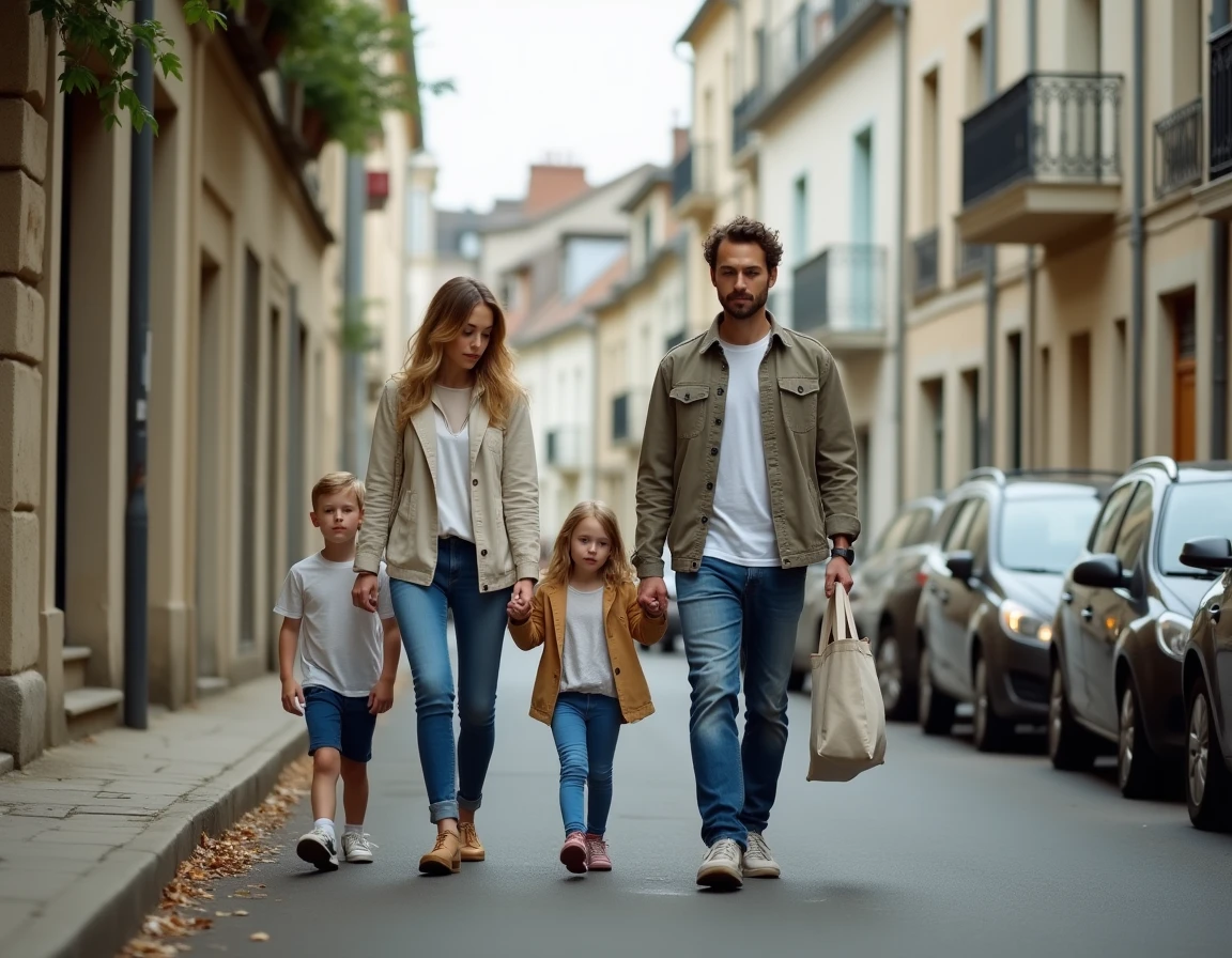 Famille se promenant dans un quartier résidentiel de Bourges, évaluant l'environnement urbain