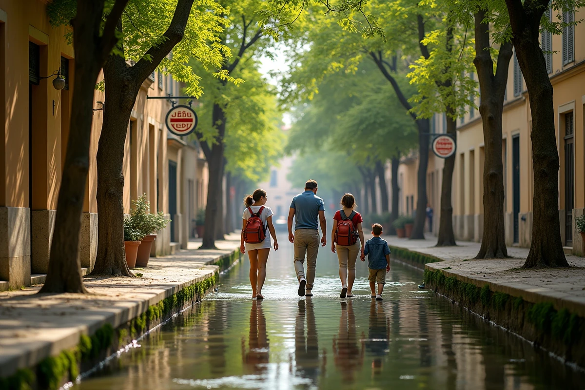 Famille se promenant le long de la rue des Teinturiers à Avignon, découverte d'un quartier résidentiel authentique au bord du canal