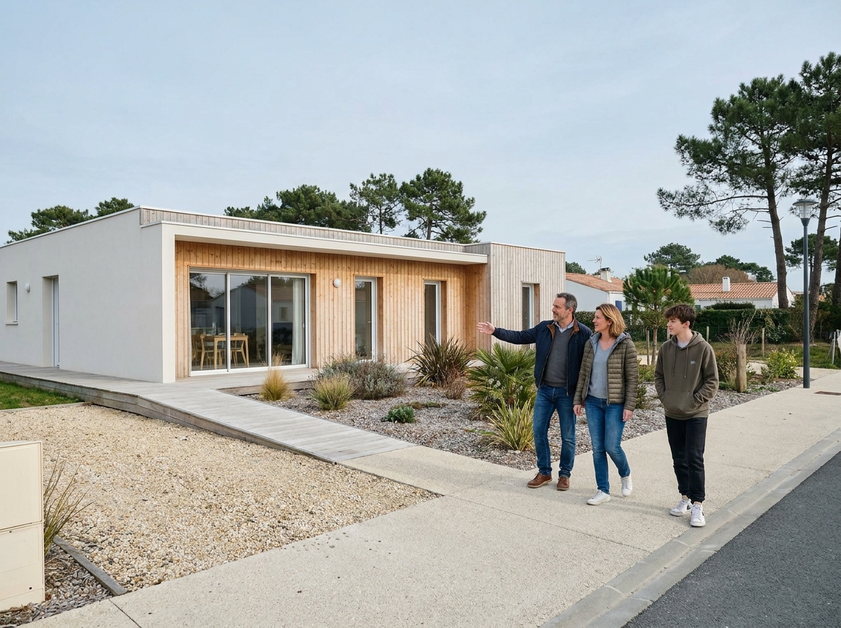 Famille visitant une maison plain-pied adaptée dans un quartier résidentiel de Royan