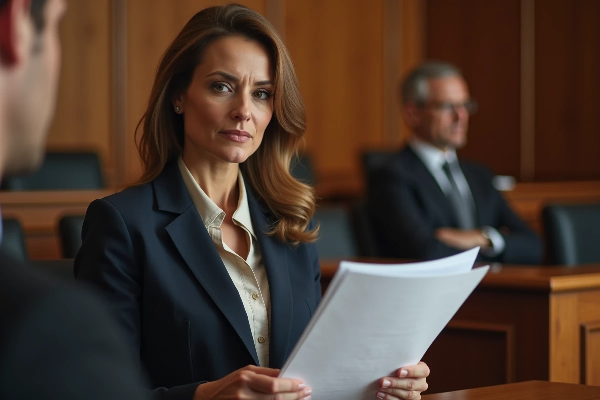 Femme d'affaires en costume dans une salle de justice