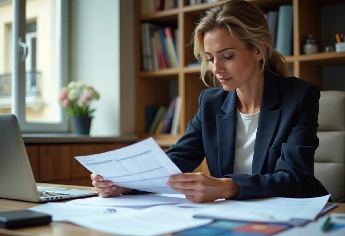 Femme d'affaires française examinant des documents immobiliers