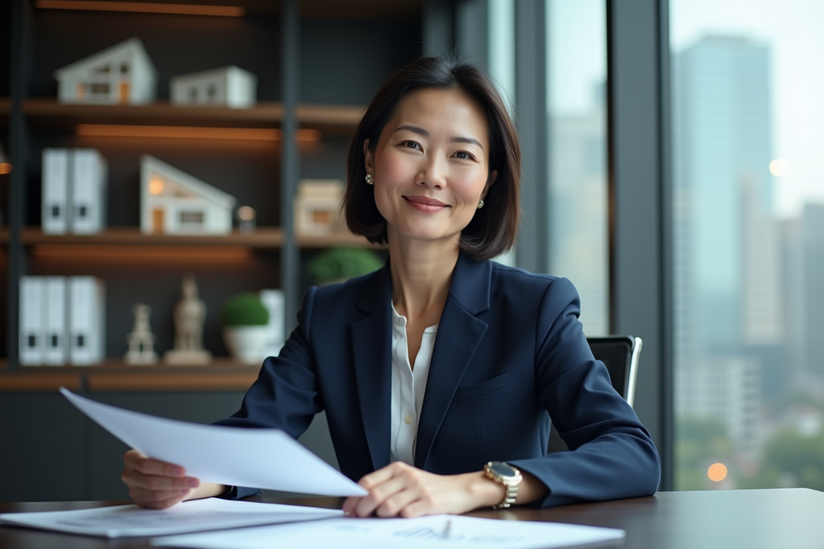 Femme d'affaires en costume navy examine documents immobiliers