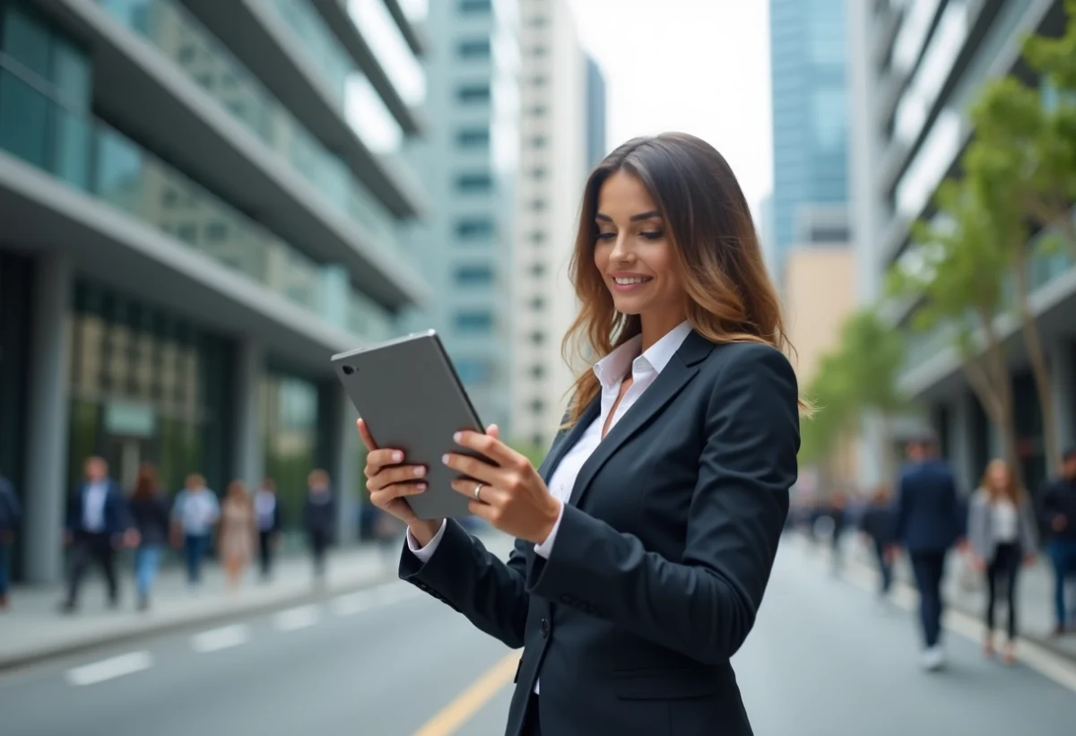 Femme d'affaires avec tablette dans la ville moderne