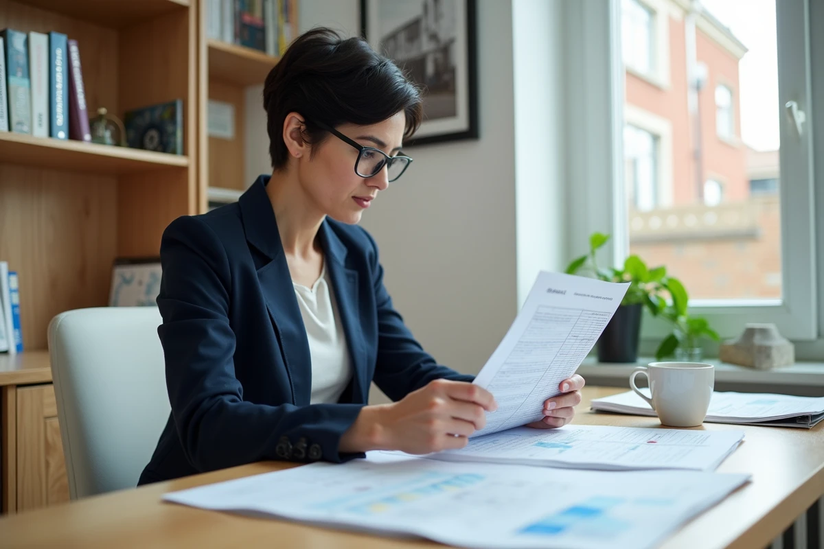 Femme analysant les plafonds de ressources Pinel sur des documents immobiliers à son bureau à domicile