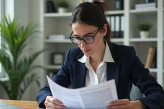Femme consultant un annuaire de copropriété imprimé à son bureau à domicile