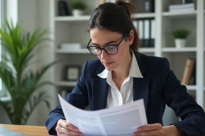 Femme consultant un annuaire de copropriété imprimé à son bureau à domicile