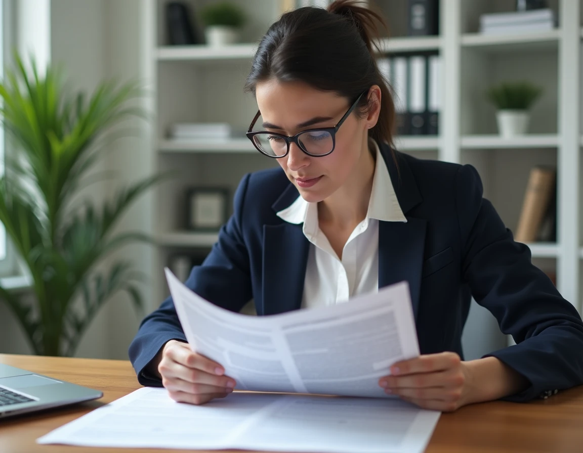 Femme consultant un annuaire de copropriété imprimé à son bureau à domicile