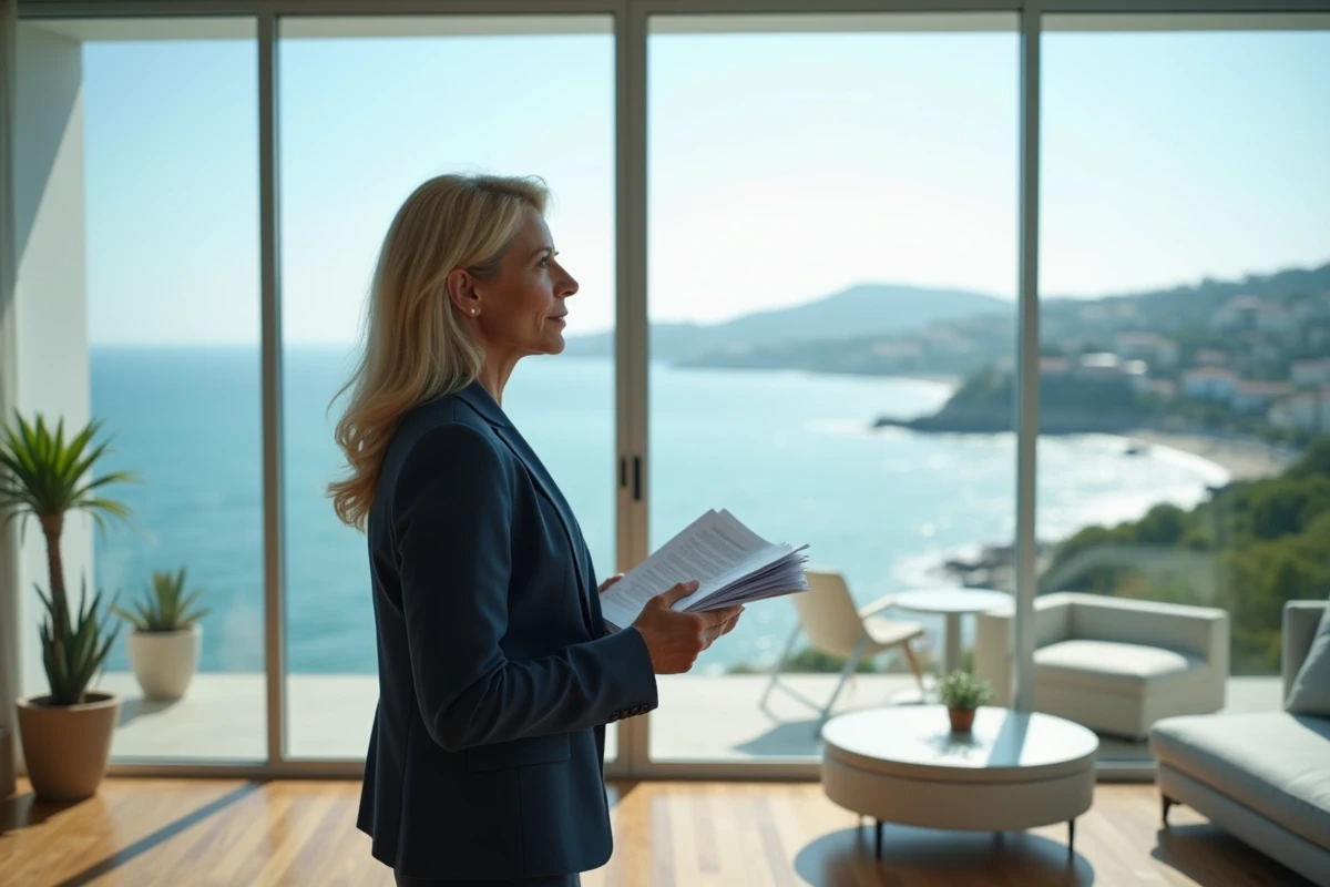 Femme d'âge moyen regardant la mer dans un appartement moderne