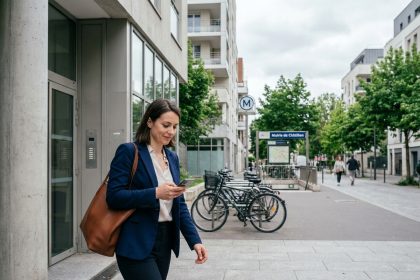 Femme professionnelle quittant son appartement neuf à Châtillon pour rejoindre le métro, illustrant la facilité des trajets domicile-travail
