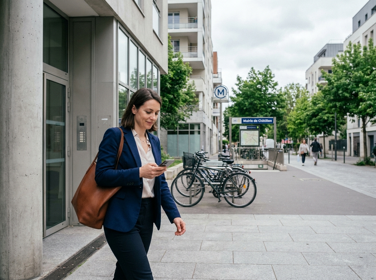 Femme professionnelle quittant son appartement neuf à Châtillon pour rejoindre le métro, illustrant la facilité des trajets domicile-travail