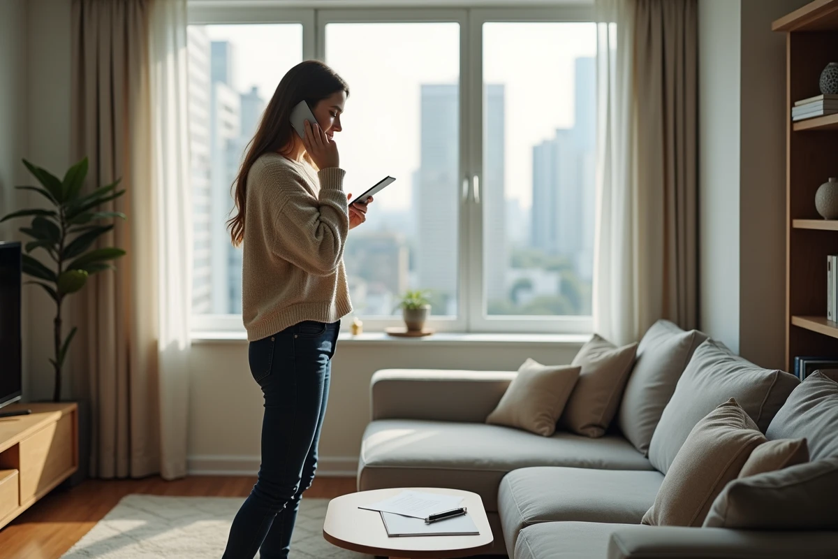 Jeune femme parle au t&eacute;l&eacute;phone pr&egrave;s d
