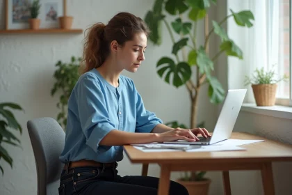 Femme concentr&eacute;e remplissant une demande de logement en ligne