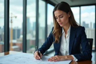 Femme professionnelle examine des plans architecturaux dans un bureau moderne
