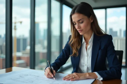 Femme professionnelle examine des plans architecturaux dans un bureau moderne