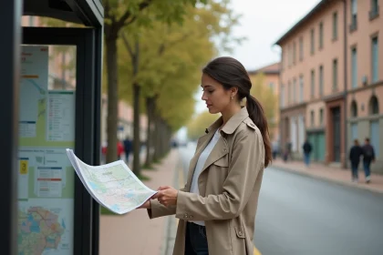 Femme consultant un plan de bus à un arrêt du quartier Montaudran-Lespinet à Toulouse pour se déplacer sans voiture