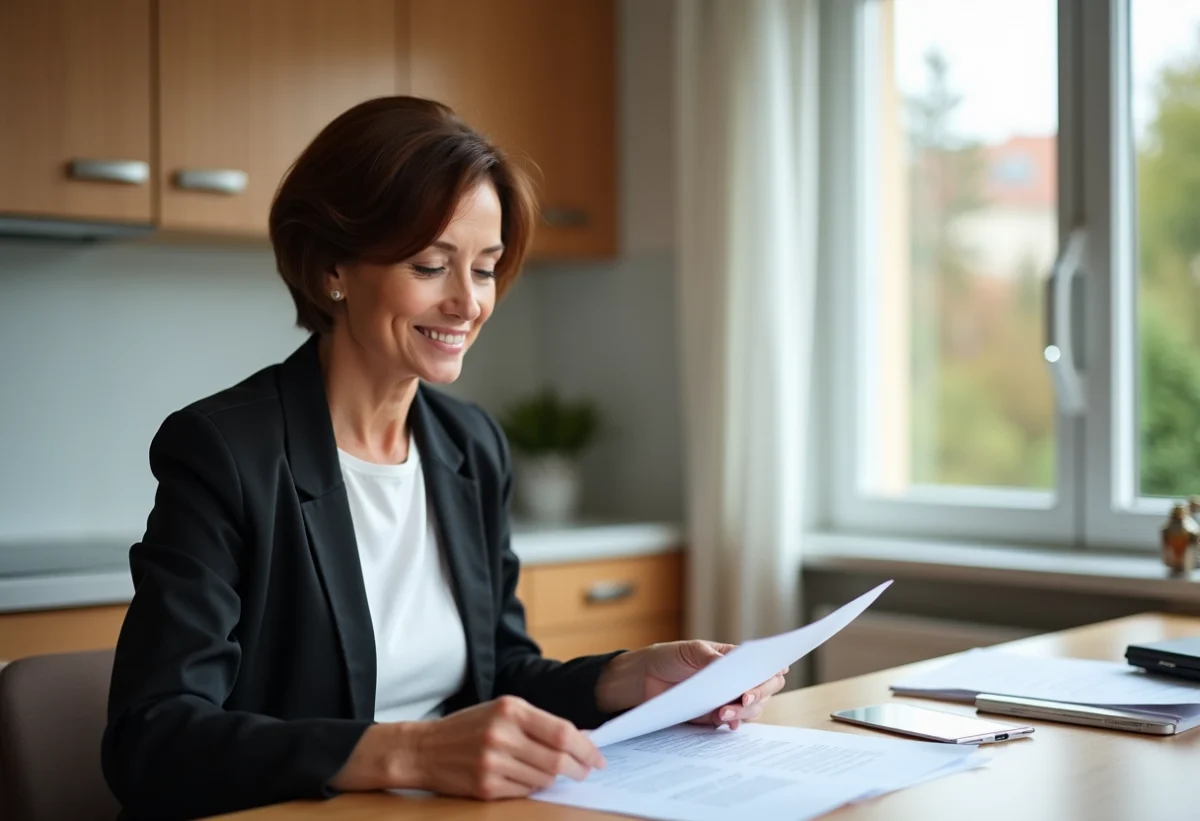 Femme souriante vérifiant une police d'assurance dans sa cuisine