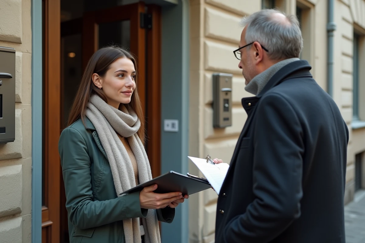 Jeune femme avec cl&eacute;s devant un immeuble r&eacute;sidentiel fran&ccedil;ais