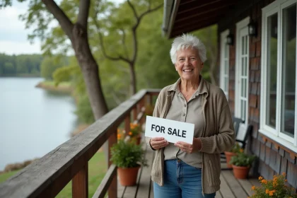 Femme souriante tenant un panneau vente devant une maison au bord du lac