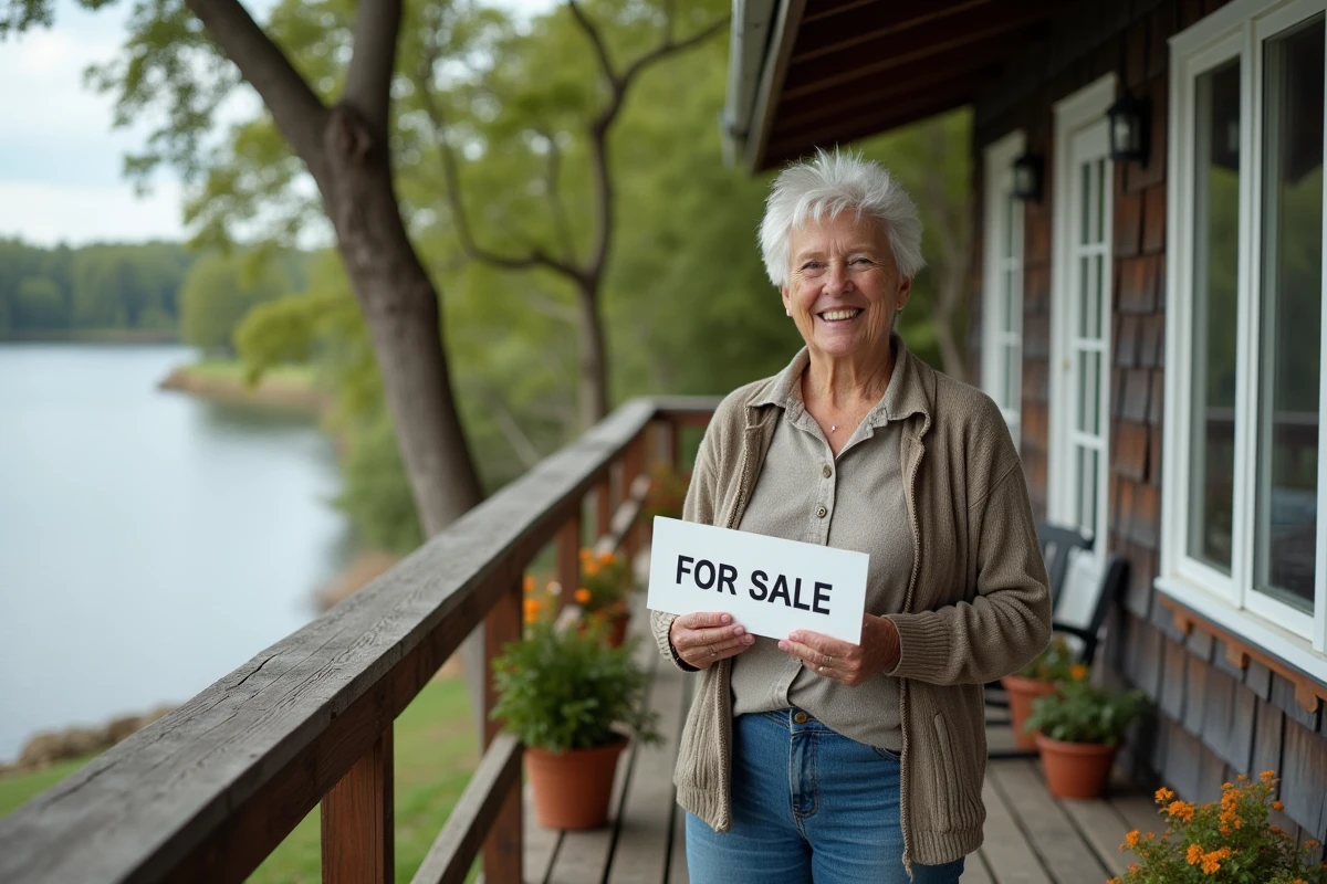 Femme souriante tenant un panneau vente devant une maison au bord du lac