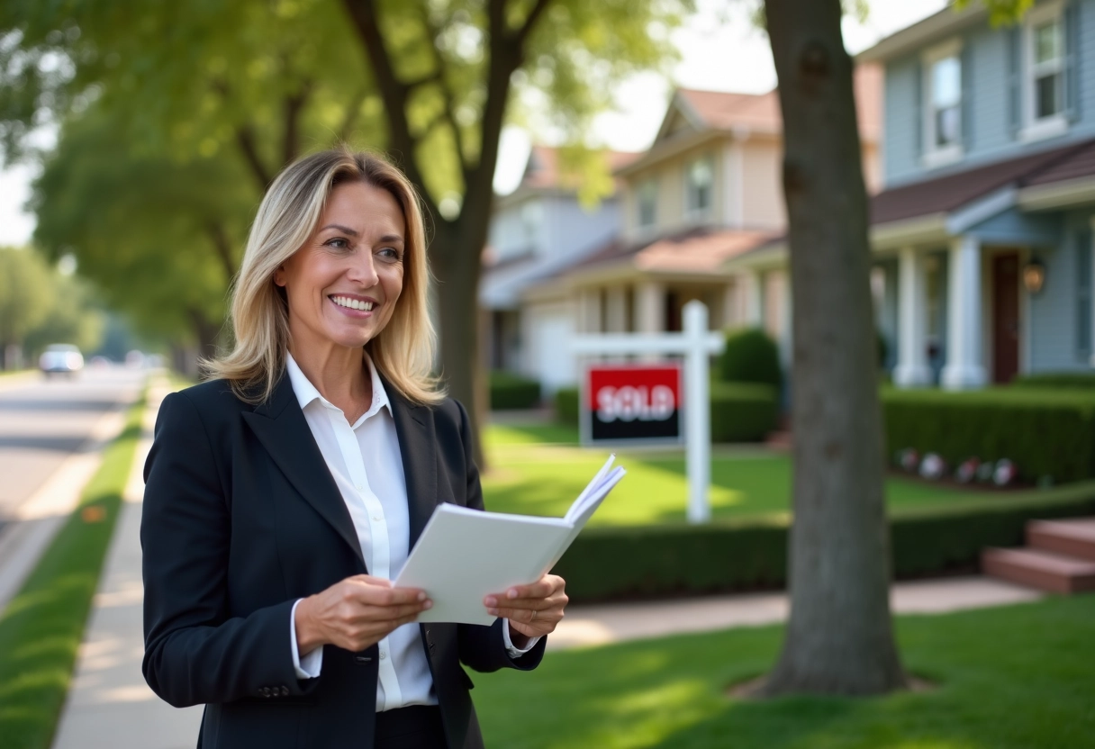 Femme d affaires tenant brochure immobiliere devant maison vendue
