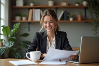 Femme d affaires dans un bureau à domicile souriante