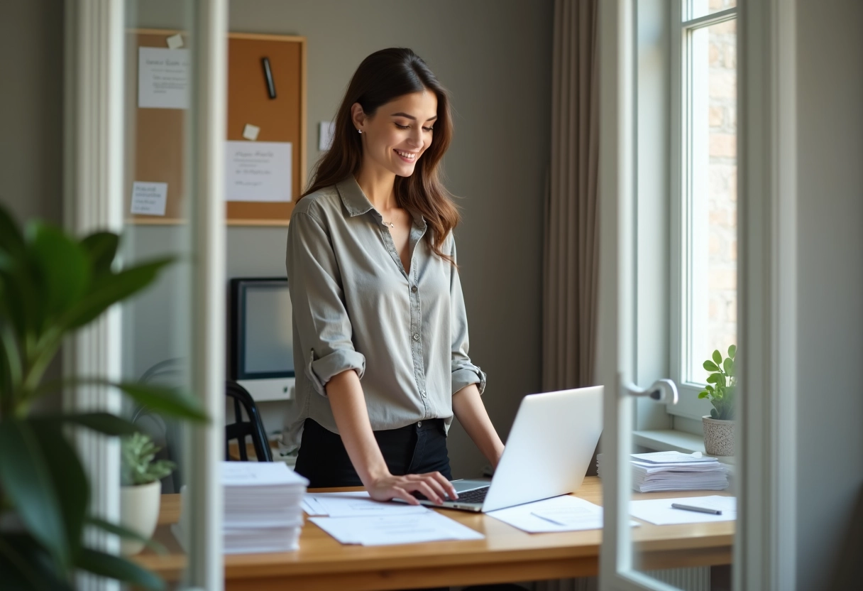 Jeune femme travaillant sur son ordinateur dans un bureau organisé