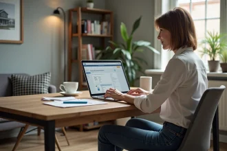 Femme d'âge moyen dans un bureau moderne utilisant un logiciel immobilier