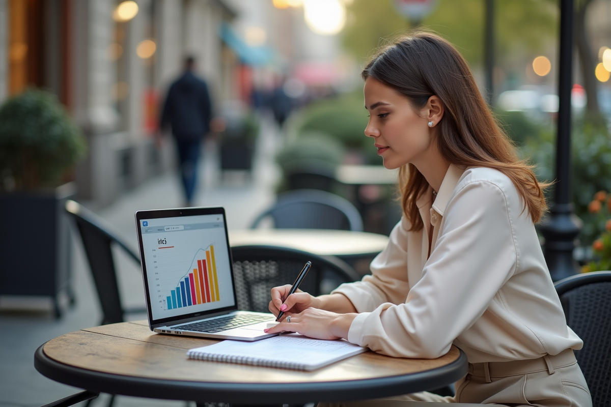Jeune femme analysant un graphique en extérieur