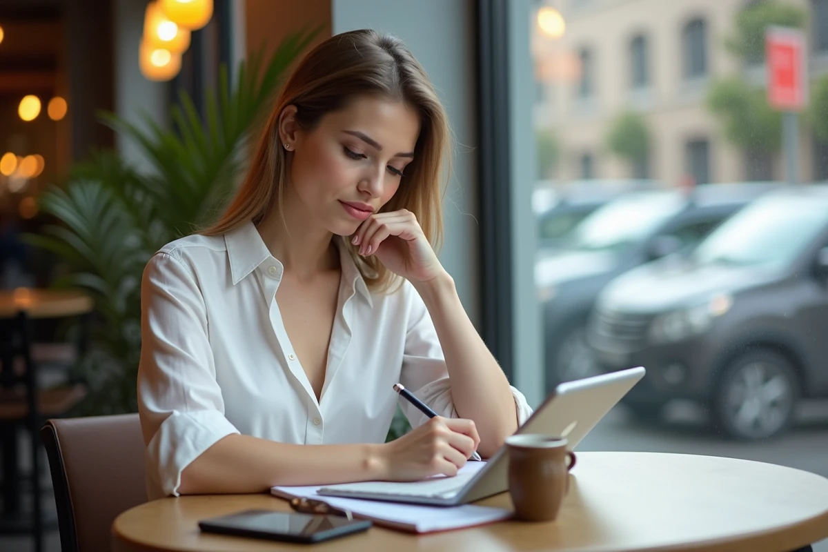 Jeune femme v&eacute;rifiant ses chiffres au caf&eacute; avec tablette