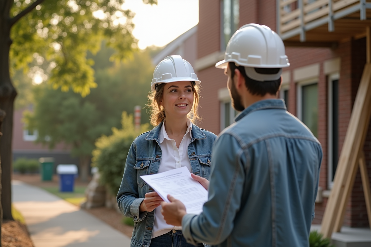Jeune femme avec casque de sécurité parle à un entrepreneur sur un chantier