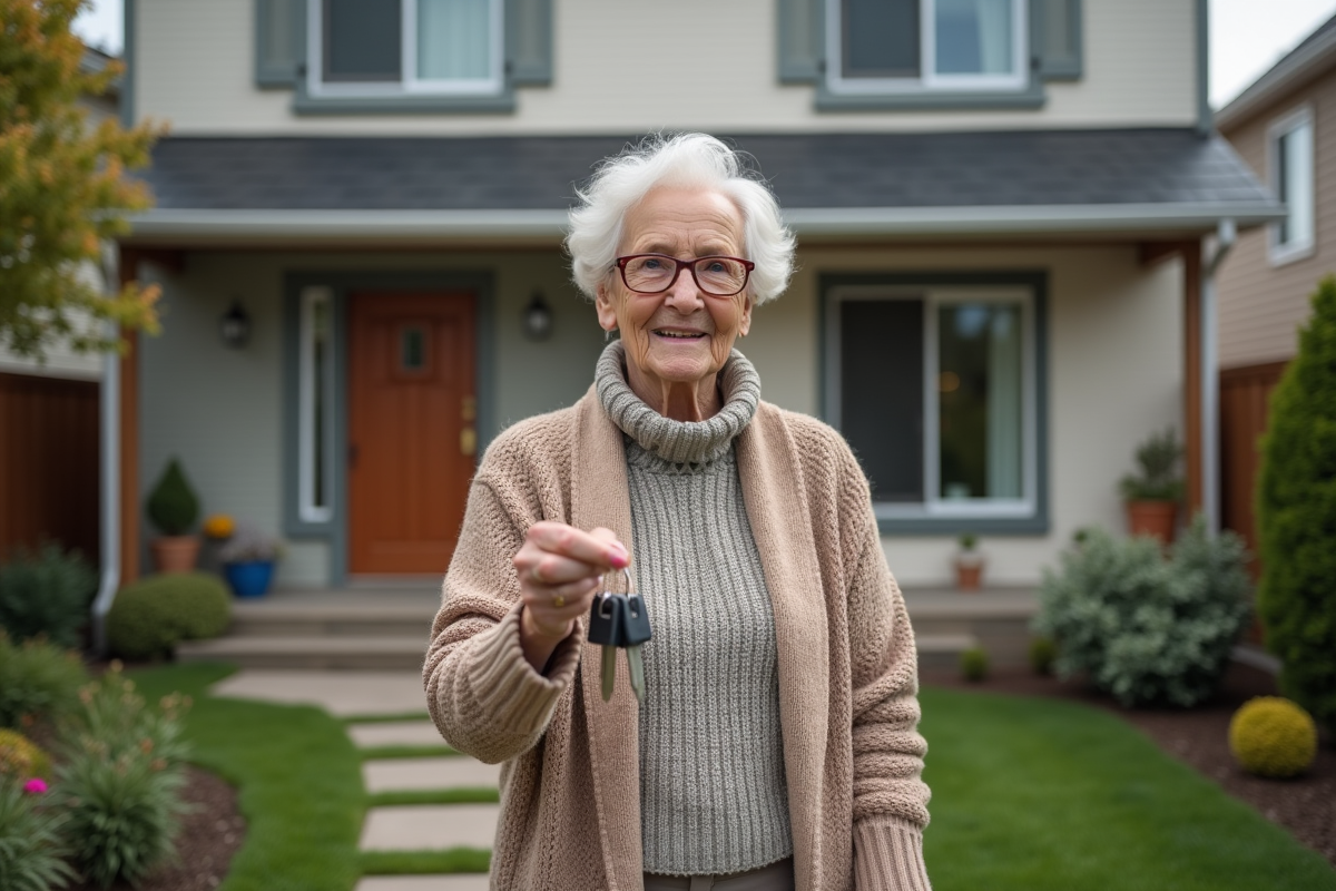 Femme âgée avec clés de maison devant sa résidence