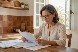 Femme comparant des contrats d'assurance habitation dans un appartement de style méditerranéen à Nice