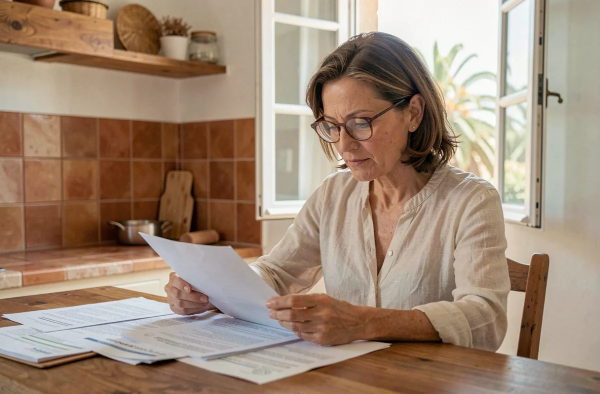Femme comparant des contrats d'assurance habitation dans un appartement de style méditerranéen à Nice