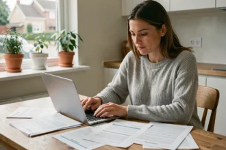 Femme comparant des offres d'assurance habitation sur ordinateur portable avec des documents sur une table en bois